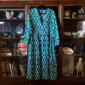 Zara Blue and Green Patterned Long Sleeve Dress